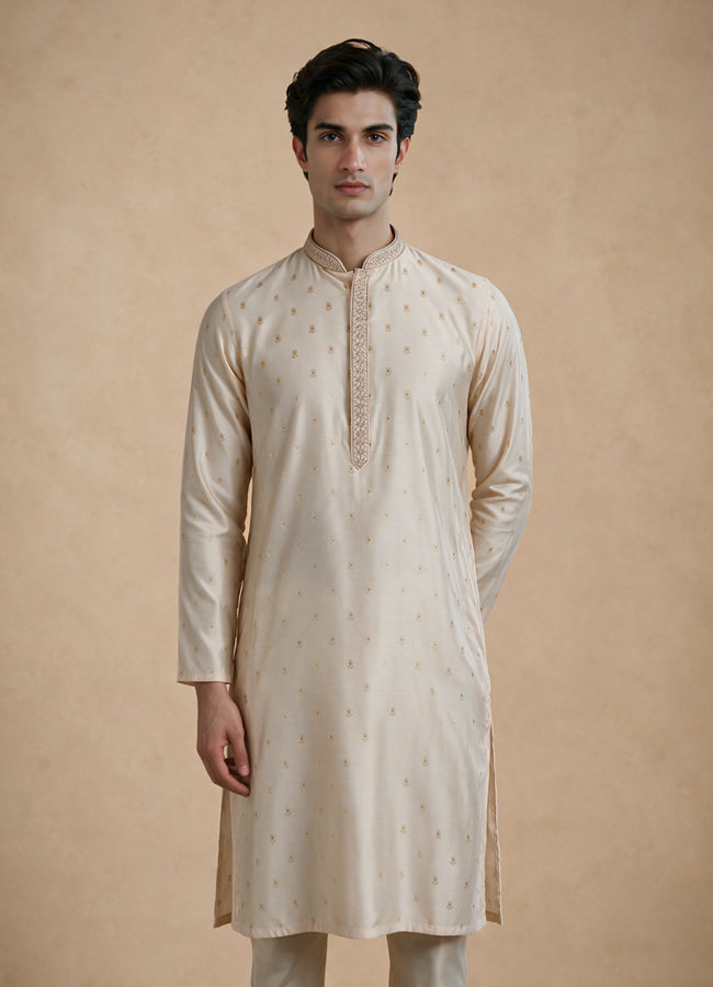 Manyavar Men Beige Blended Viscose Kurta Pajama with Self-Texture