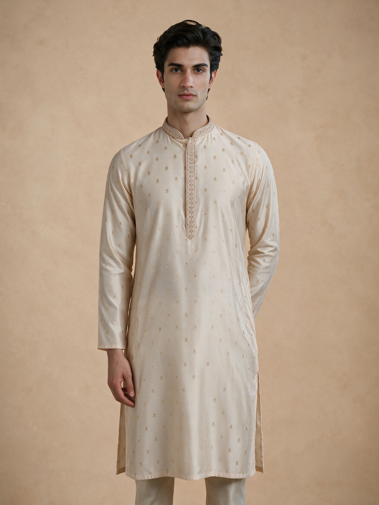 Manyavar Men Beige Blended Viscose Kurta Pajama with Self-Texture