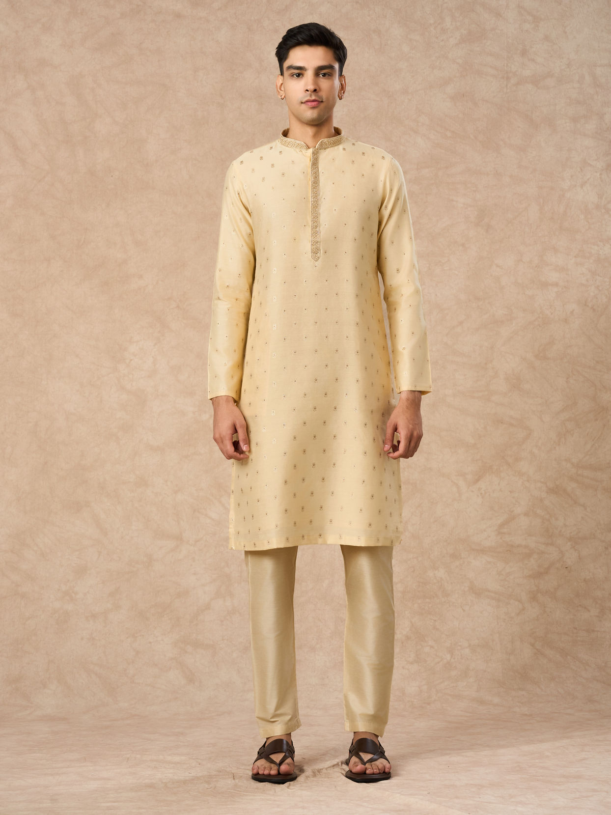 Manyavar Men Fawn Blended Viscose Kurta Pajama
