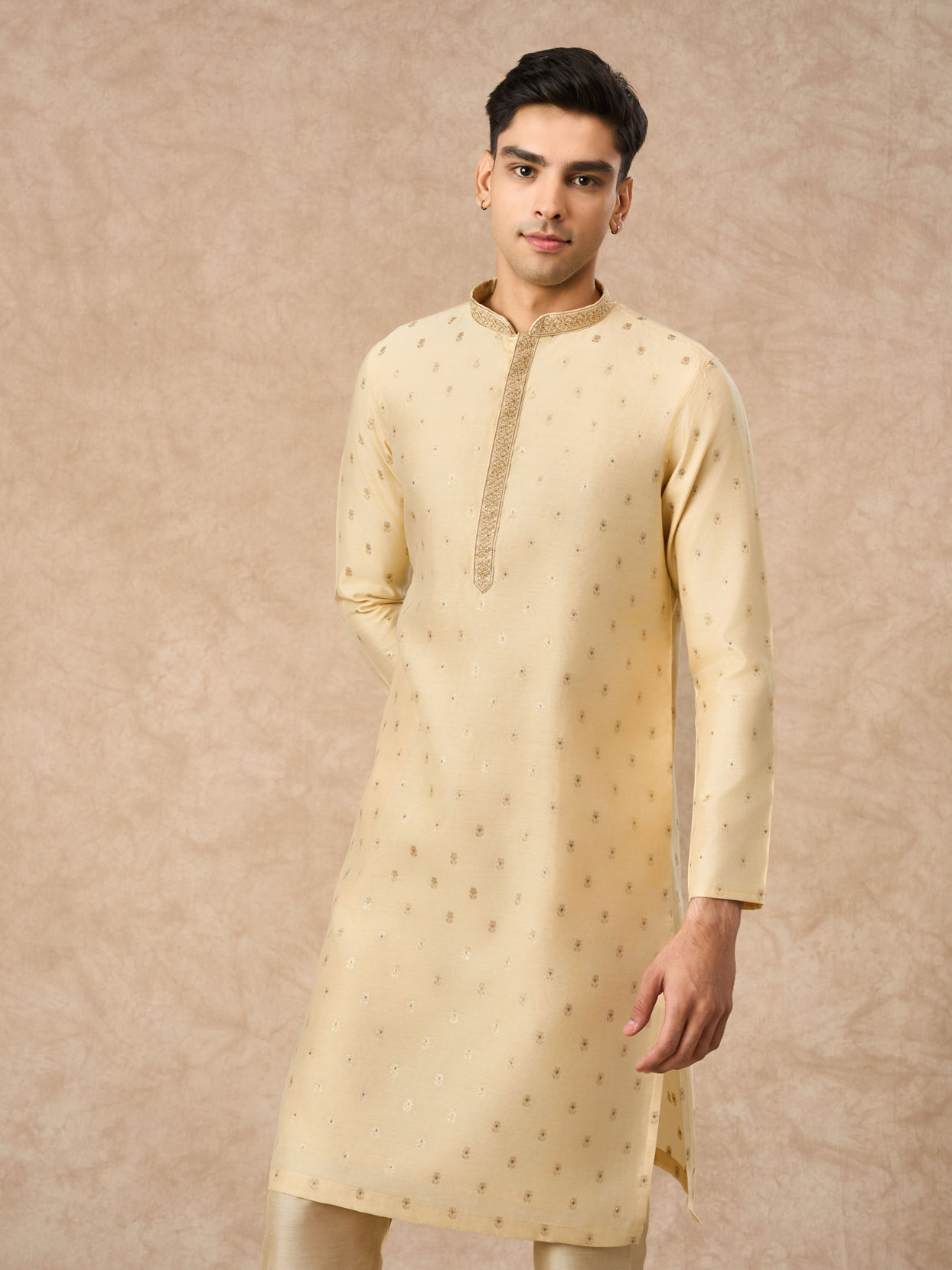 Manyavar Men Fawn Blended Viscose Kurta Pajama