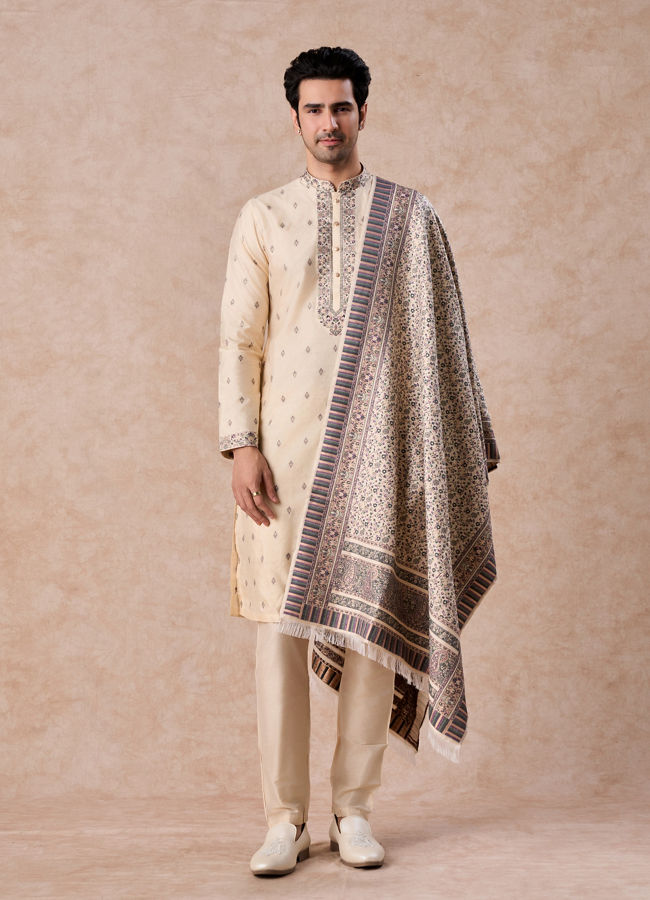 Manyavar Men Swanky Beige Kurta Pajama Dupatta Set