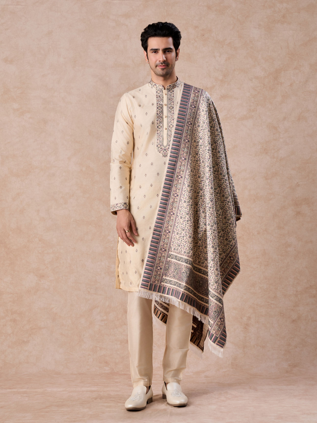 Manyavar Men Swanky Beige Kurta Pajama Dupatta Set