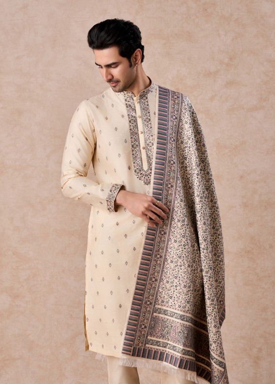 Manyavar Men Swanky Beige Kurta Pajama Dupatta Set