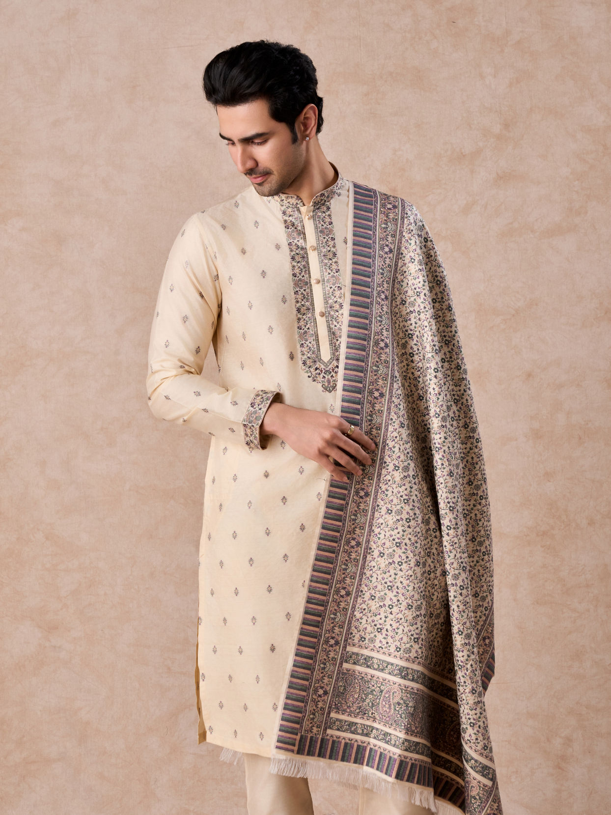 Manyavar Men Swanky Beige Kurta Pajama Dupatta Set