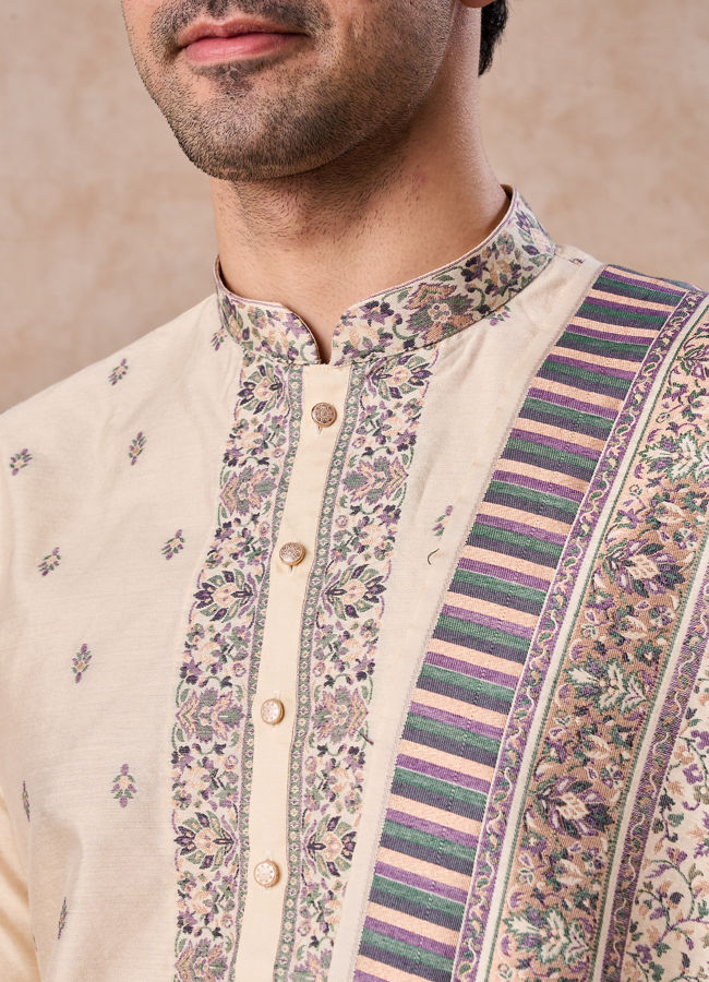 Manyavar Men Swanky Beige Kurta Pajama Dupatta Set