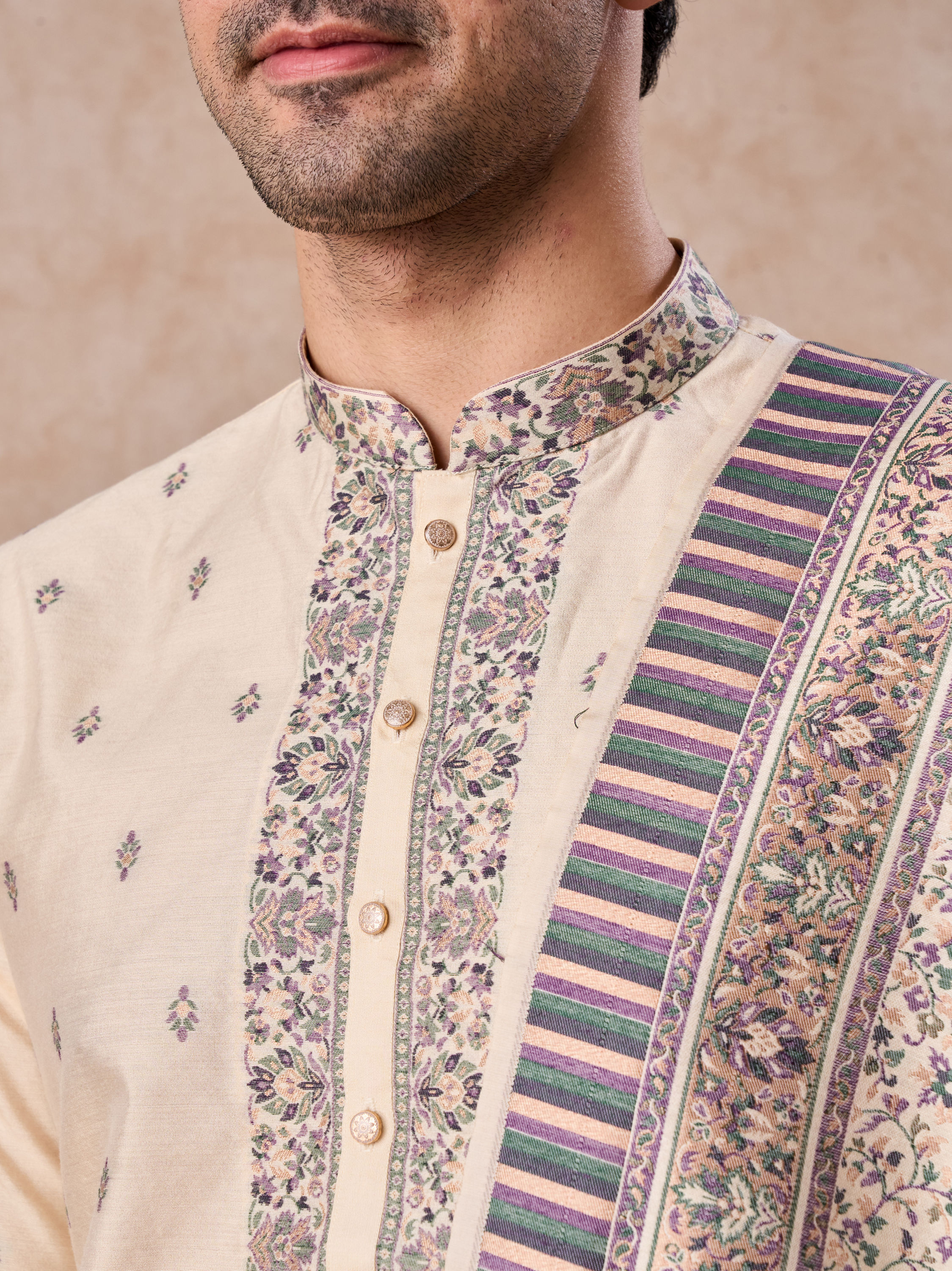 Manyavar Men Swanky Beige Kurta Pajama Dupatta Set