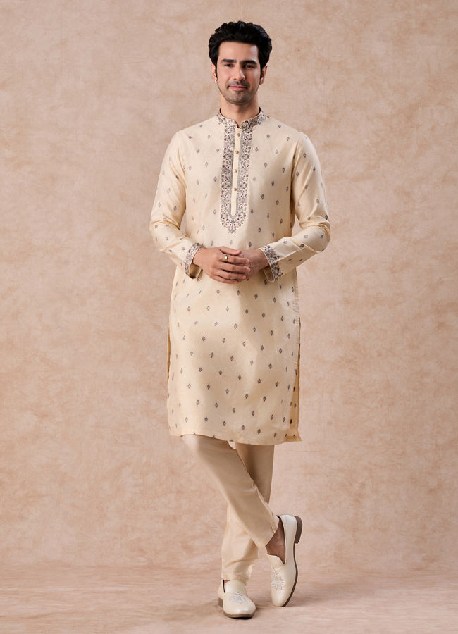Manyavar Men Swanky Beige Kurta Pajama Dupatta Set