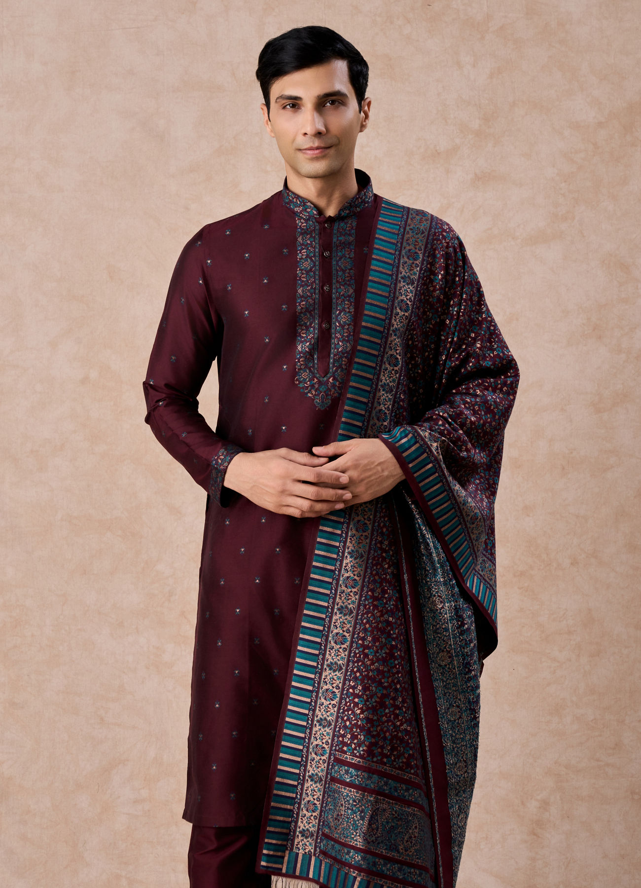 Manyavar Men Wine Royal Elegance Kurta Pajama
