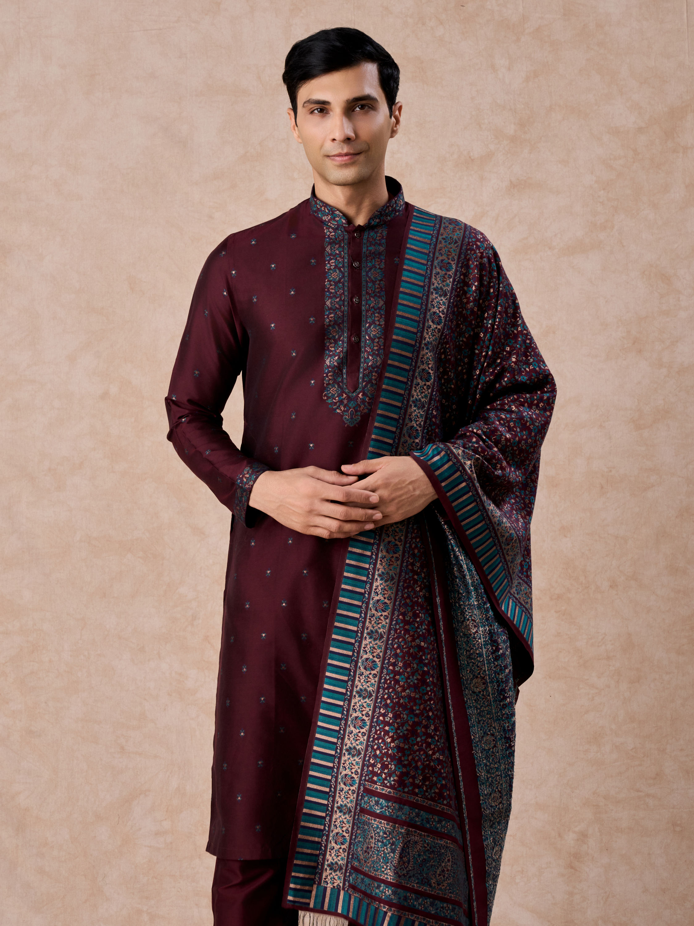 Manyavar Men Wine Royal Elegance Kurta Pajama
