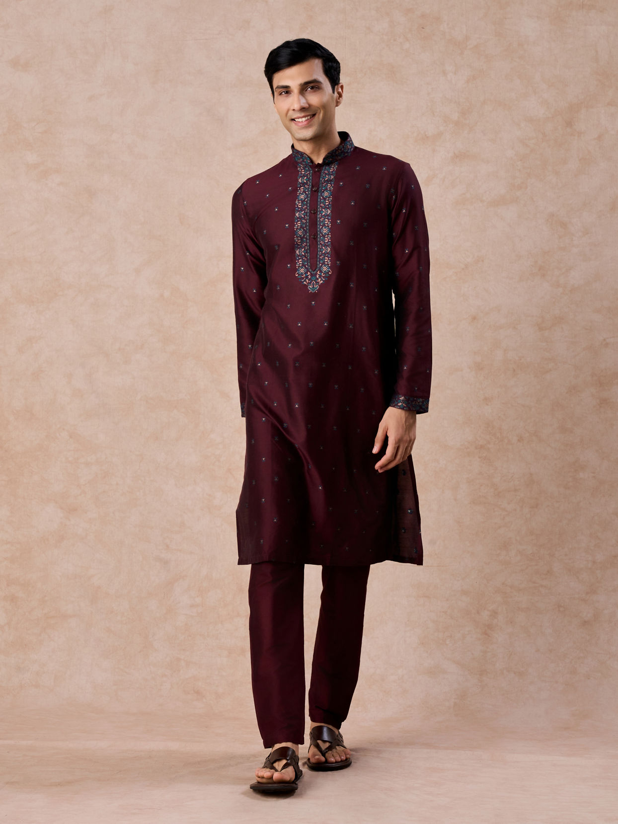 Manyavar Men Wine Royal Elegance Kurta Pajama