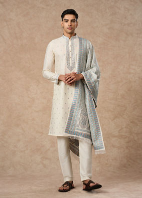 Manyavar Men Cream Blended Viscose Kurta Pajama Dupatta