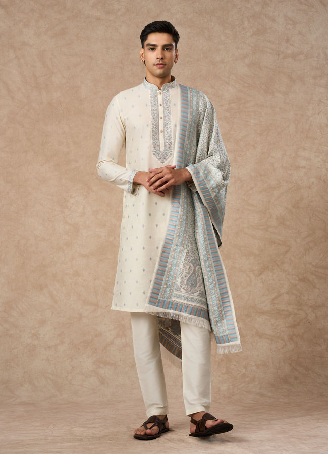 Manyavar Men Cream Blended Viscose Kurta Pajama Dupatta