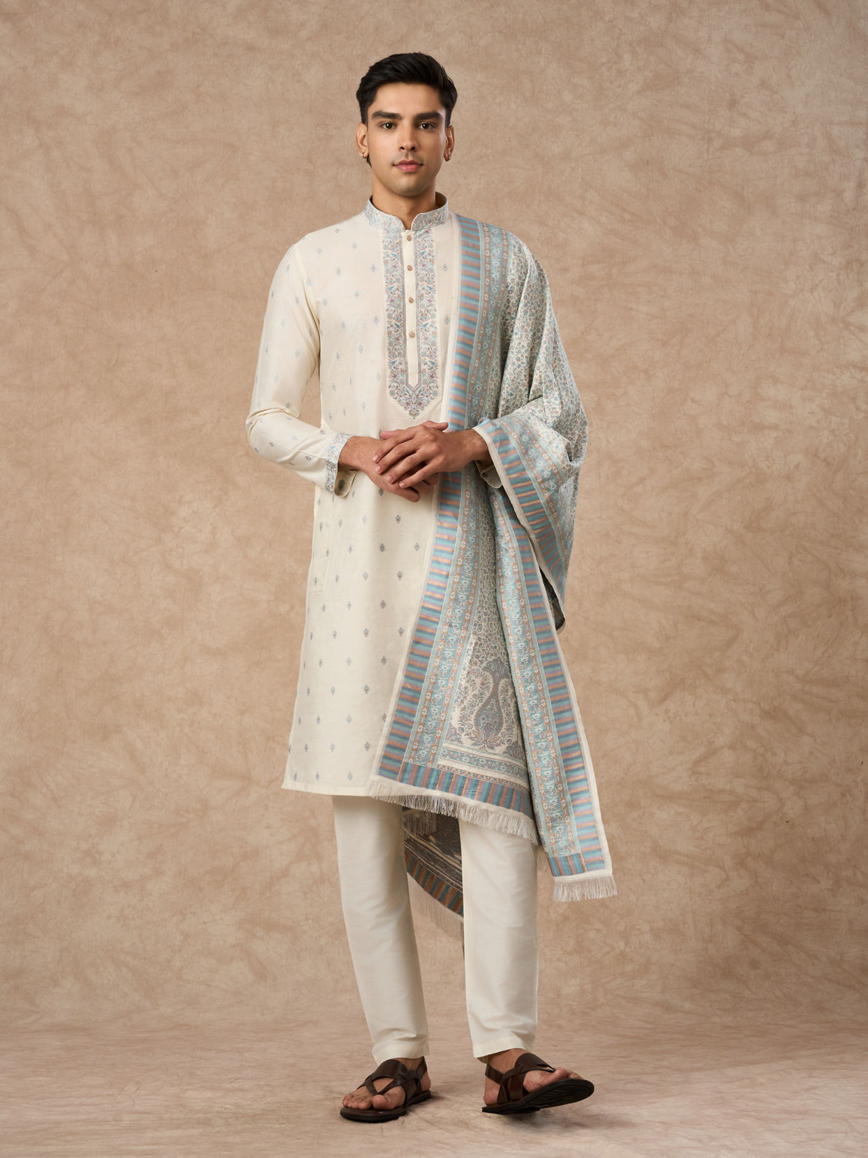 Manyavar Men Cream Blended Viscose Kurta Pajama Dupatta