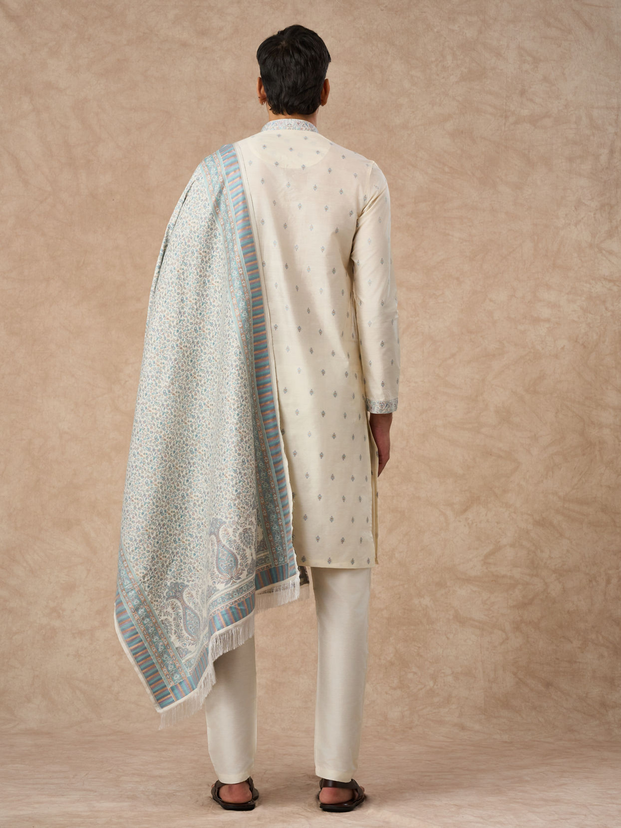 Manyavar Men Cream Blended Viscose Kurta Pajama Dupatta