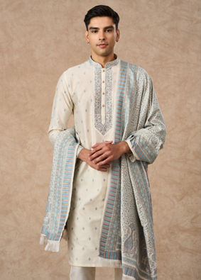 Manyavar Men Cream Blended Viscose Kurta Pajama Dupatta