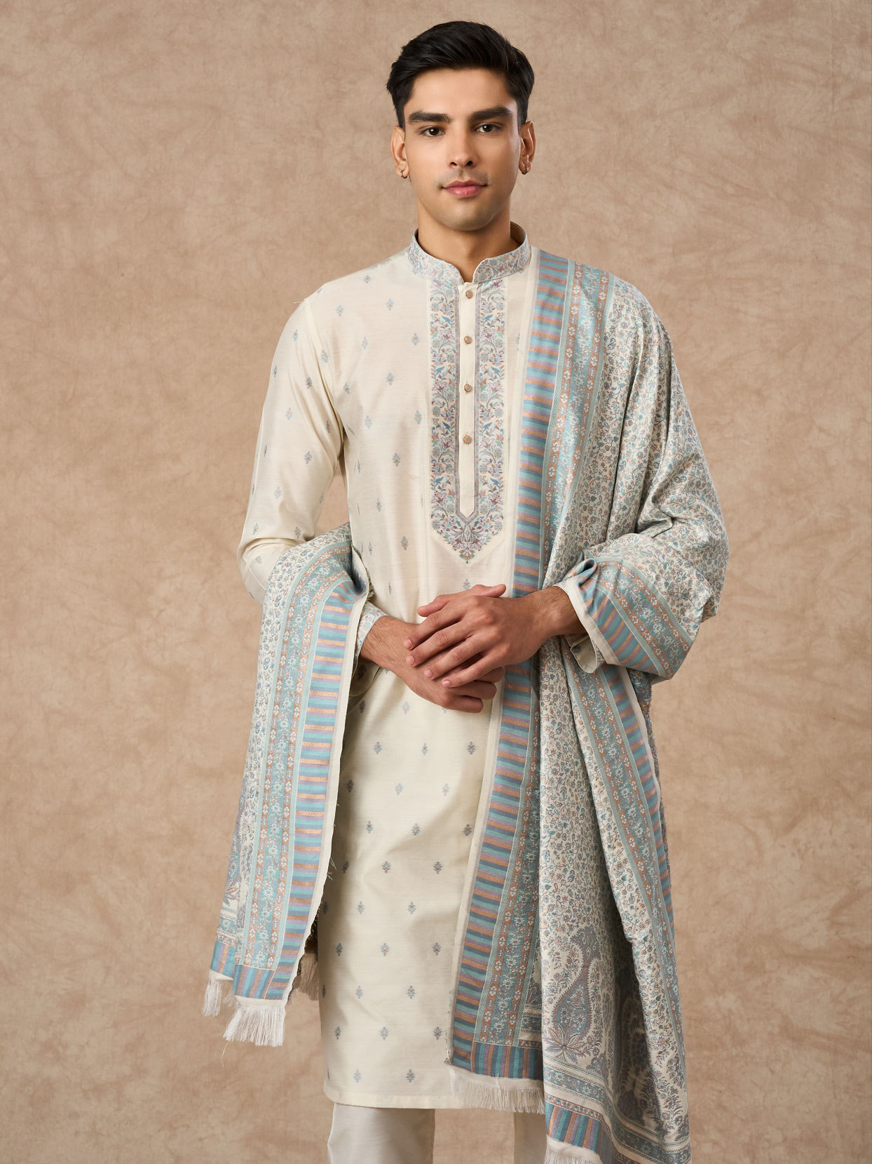 Manyavar Men Cream Blended Viscose Kurta Pajama Dupatta