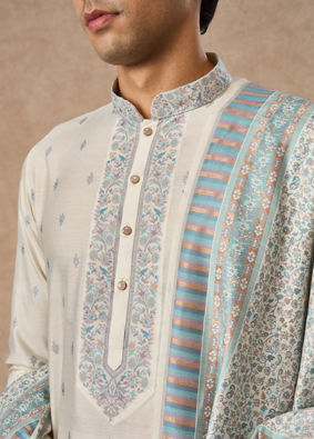 Manyavar Men Cream Blended Viscose Kurta Pajama Dupatta