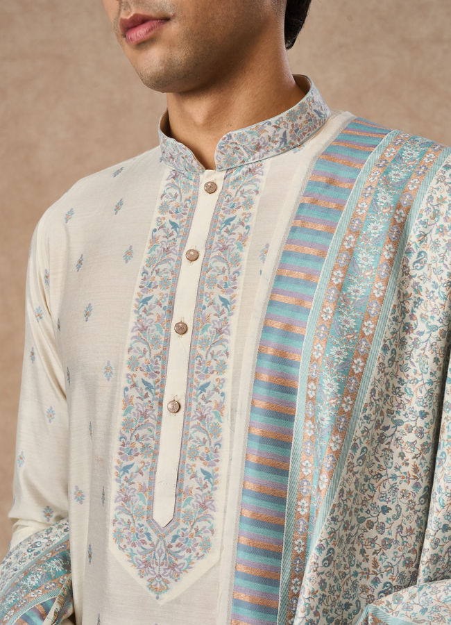 Manyavar Men Cream Blended Viscose Kurta Pajama Dupatta