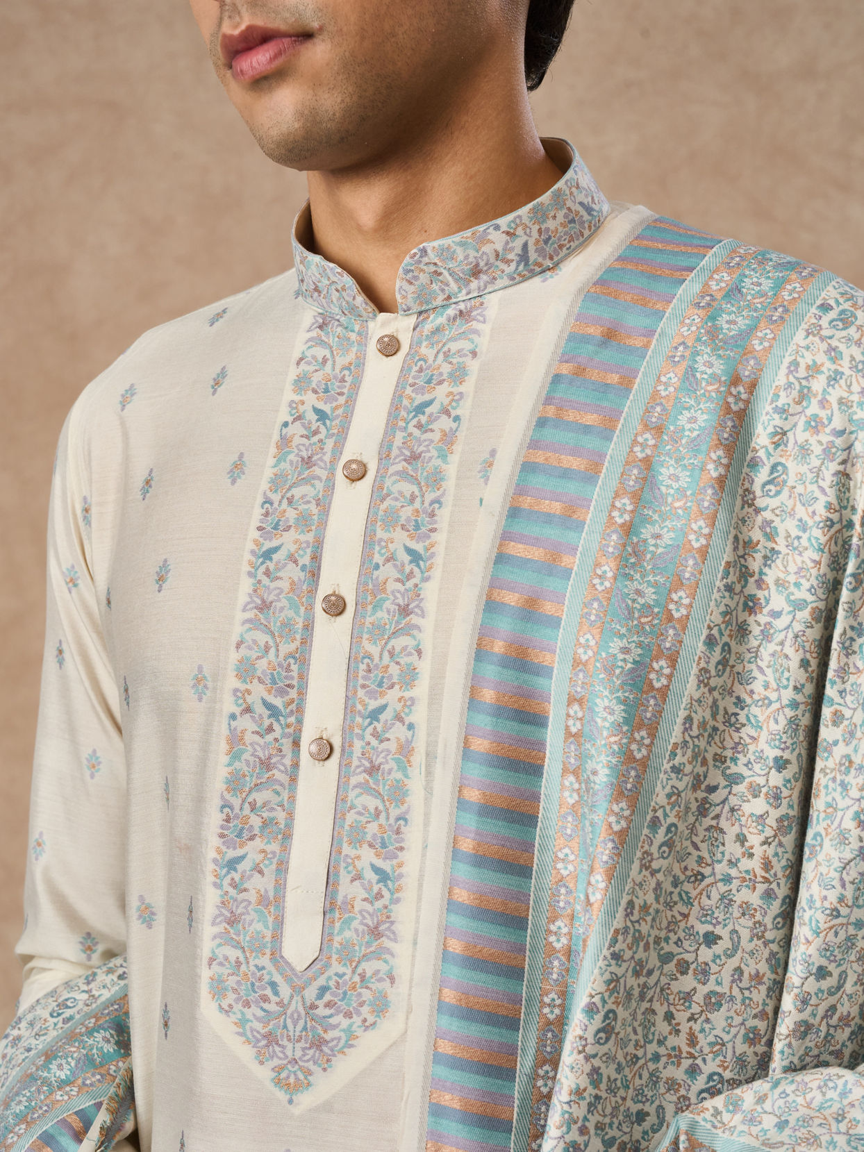 Manyavar Men Cream Blended Viscose Kurta Pajama Dupatta