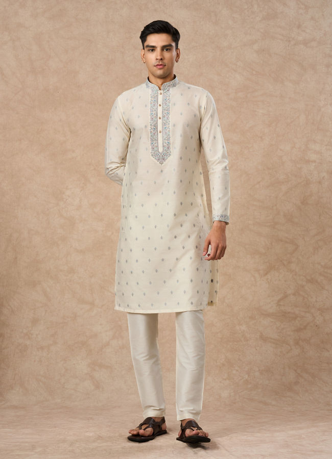 Manyavar Men Cream Blended Viscose Kurta Pajama Dupatta