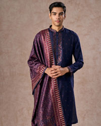 Manyavar Men Intricate Dark Blue Celebration Kurta Pajama Dupatta