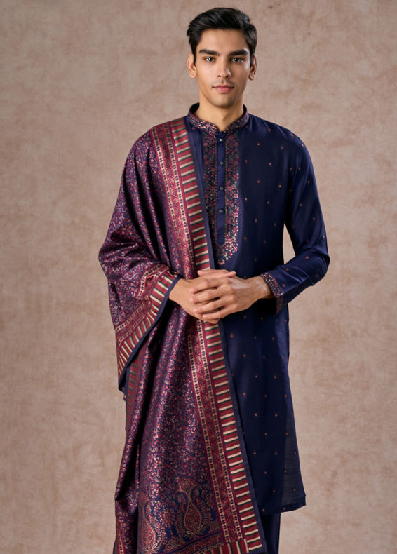Manyavar Men Intricate Dark Blue Celebration Kurta Pajama Dupatta