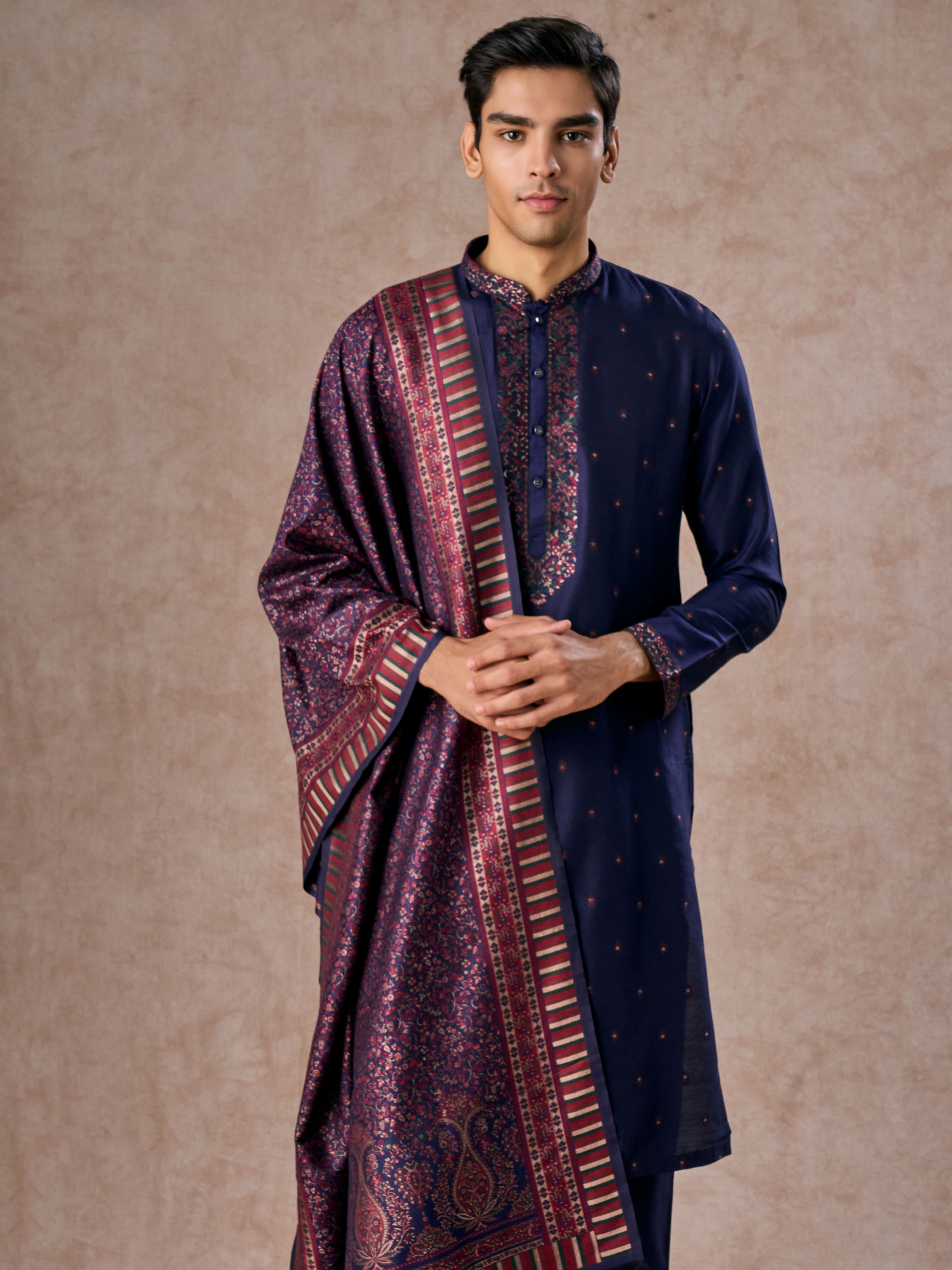Manyavar Men Intricate Dark Blue Celebration Kurta Pajama Dupatta