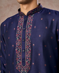 Manyavar Men Intricate Dark Blue Celebration Kurta Pajama Dupatta
