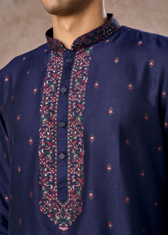Manyavar Men Intricate Dark Blue Celebration Kurta Pajama Dupatta