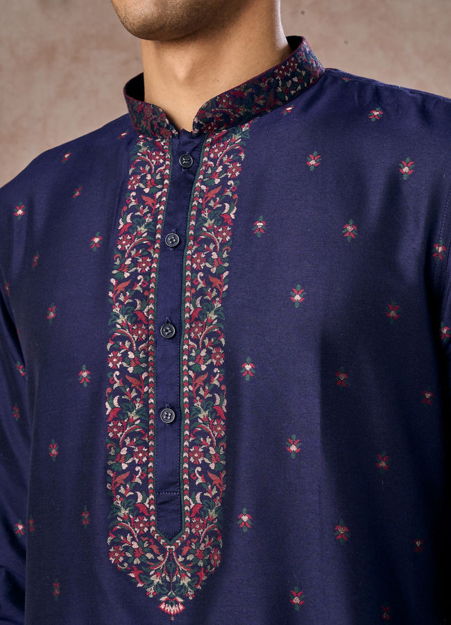 Manyavar Men Intricate Dark Blue Celebration Kurta Pajama Dupatta