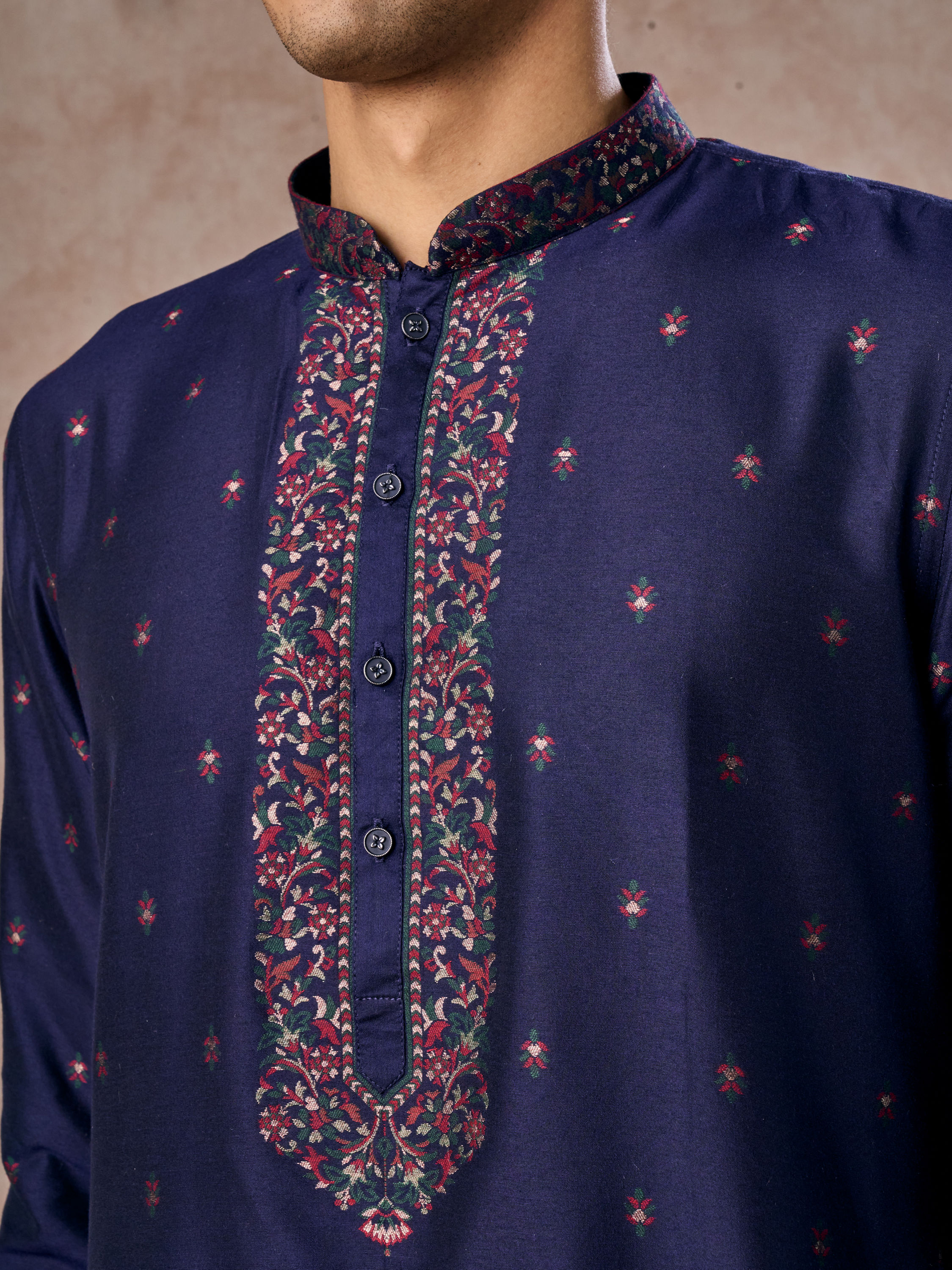 Manyavar Men Intricate Dark Blue Celebration Kurta Pajama Dupatta