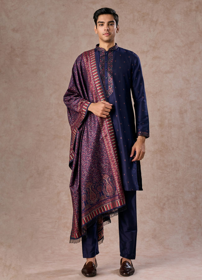 Manyavar Men Intricate Dark Blue Celebration Kurta Pajama Dupatta