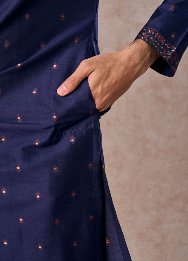 Manyavar Men Intricate Dark Blue Celebration Kurta Pajama Dupatta
