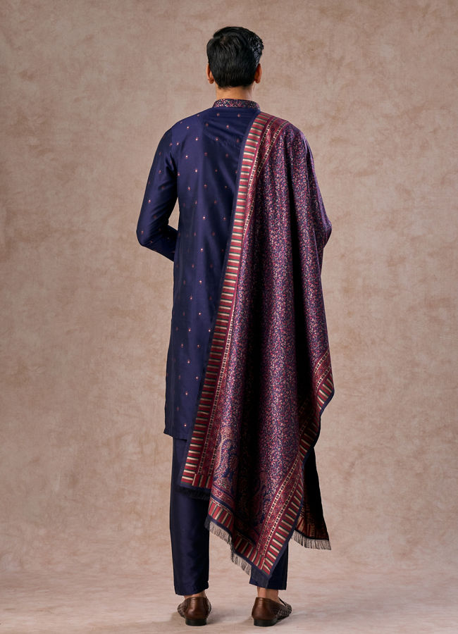 Manyavar Men Intricate Dark Blue Celebration Kurta Pajama Dupatta