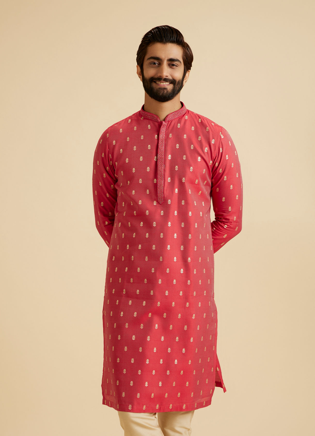 Manyavar Men Gleaming Coral Elegance Kurta Pajama