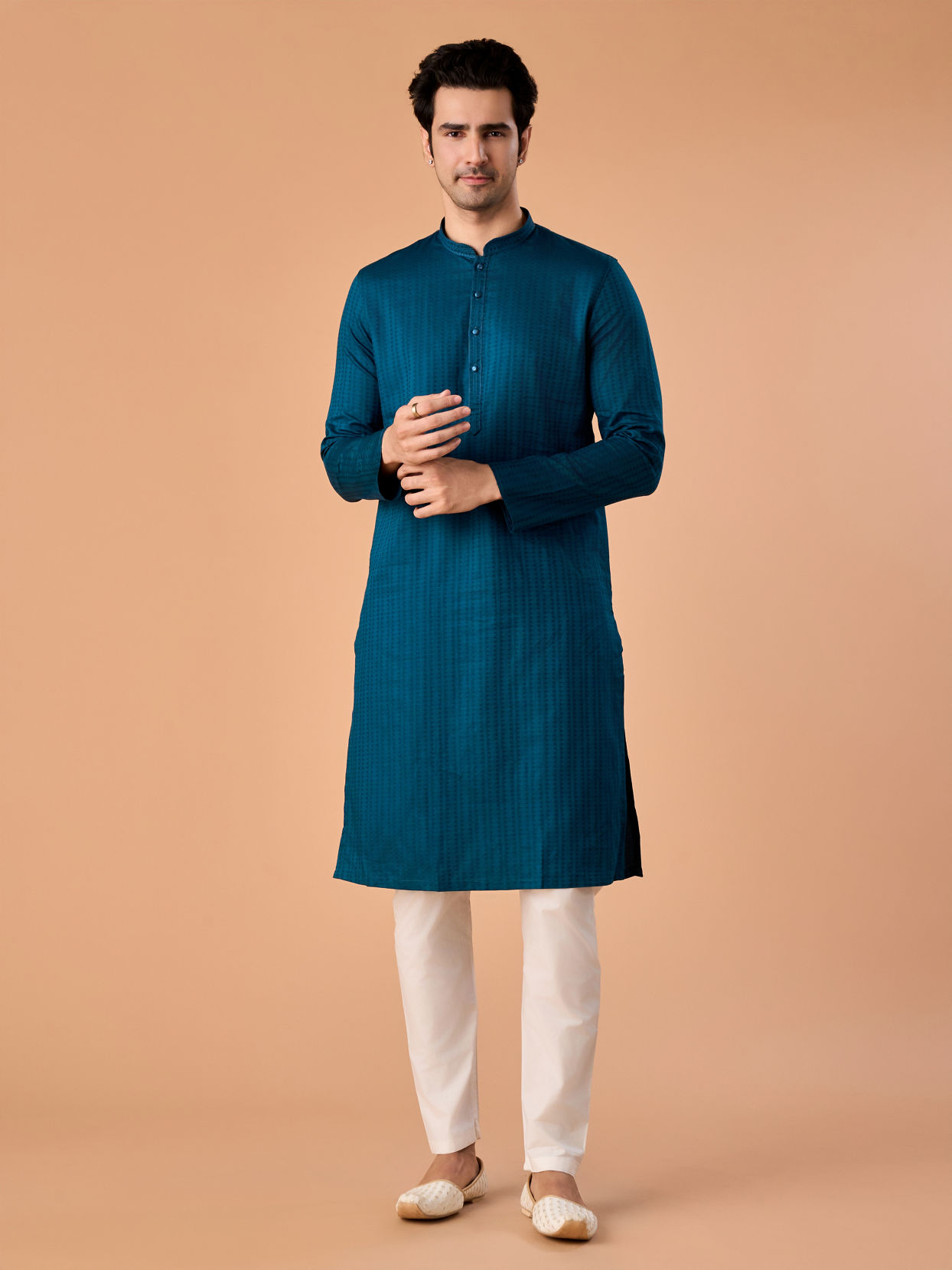 Manyavar Men Teal Blue Cotton Kurta Pajama