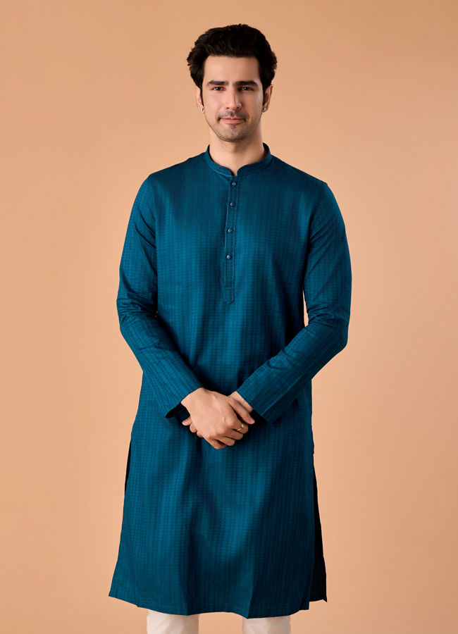 Manyavar Men Teal Blue Cotton Kurta Pajama