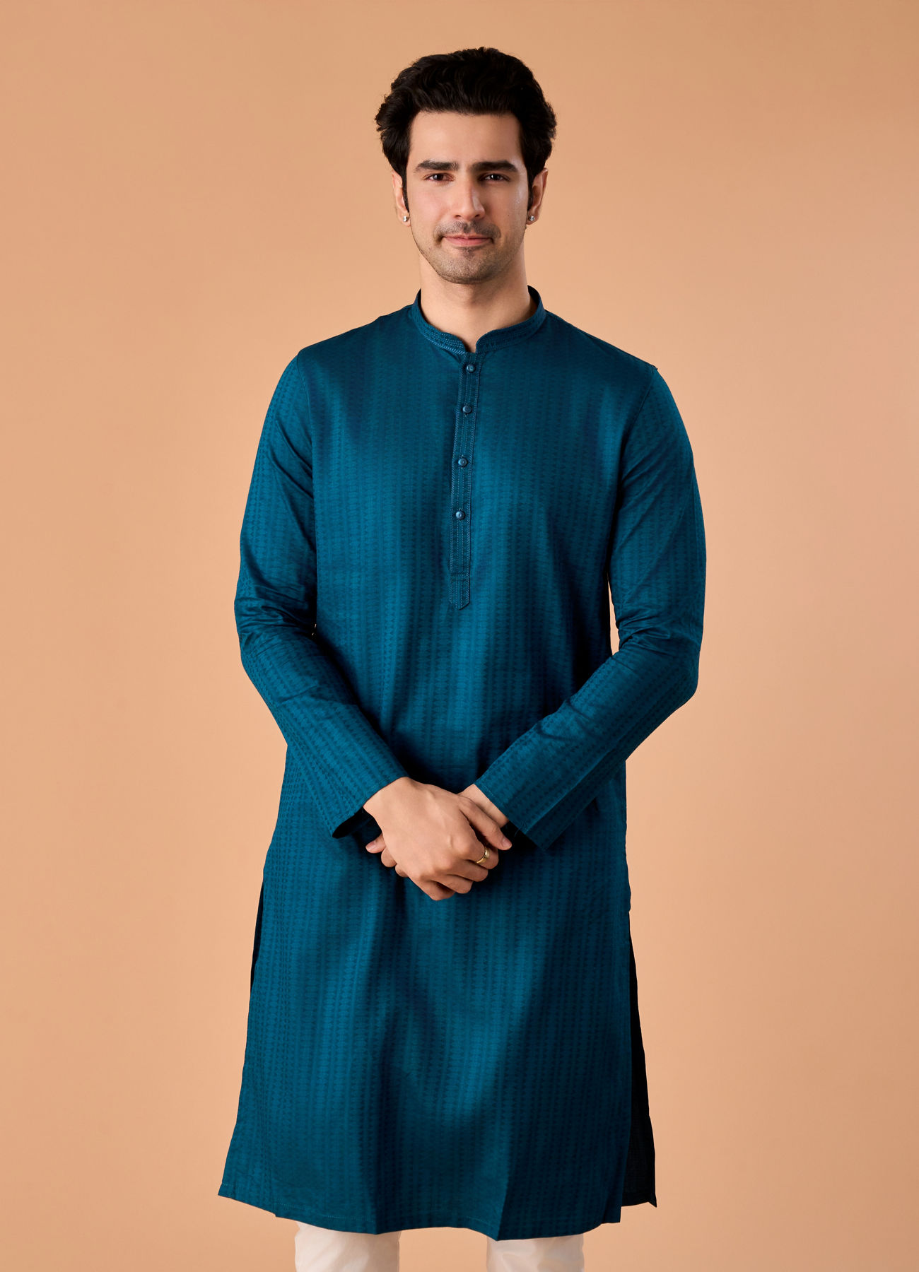 Manyavar Men Teal Blue Cotton Kurta Pajama
