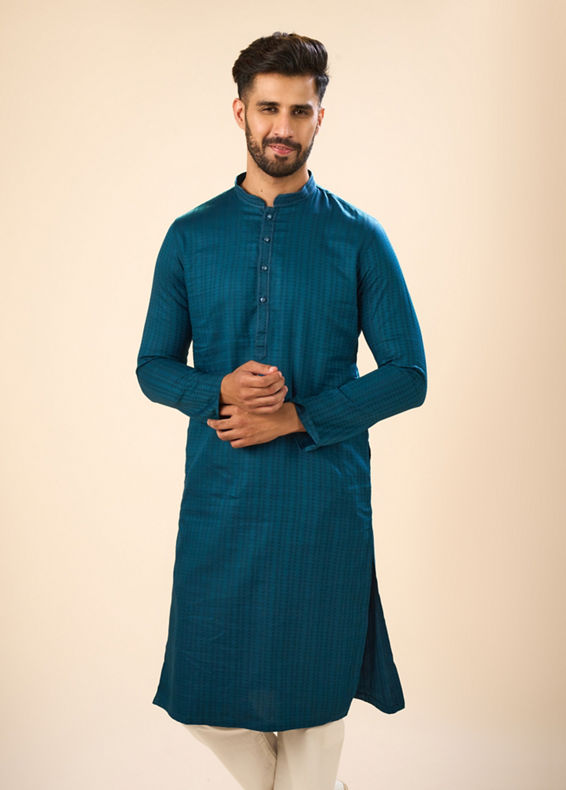 Manyavar Men Teal Blue Cotton Kurta Pajama