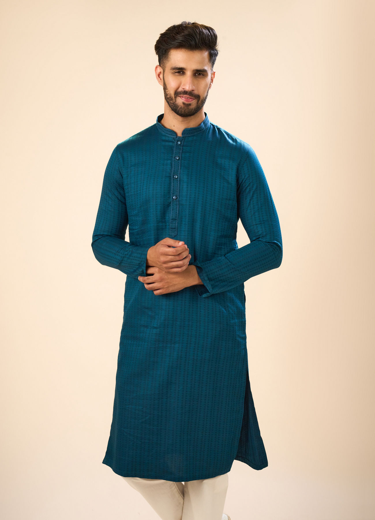 Manyavar Men Teal Blue Cotton Kurta Pajama