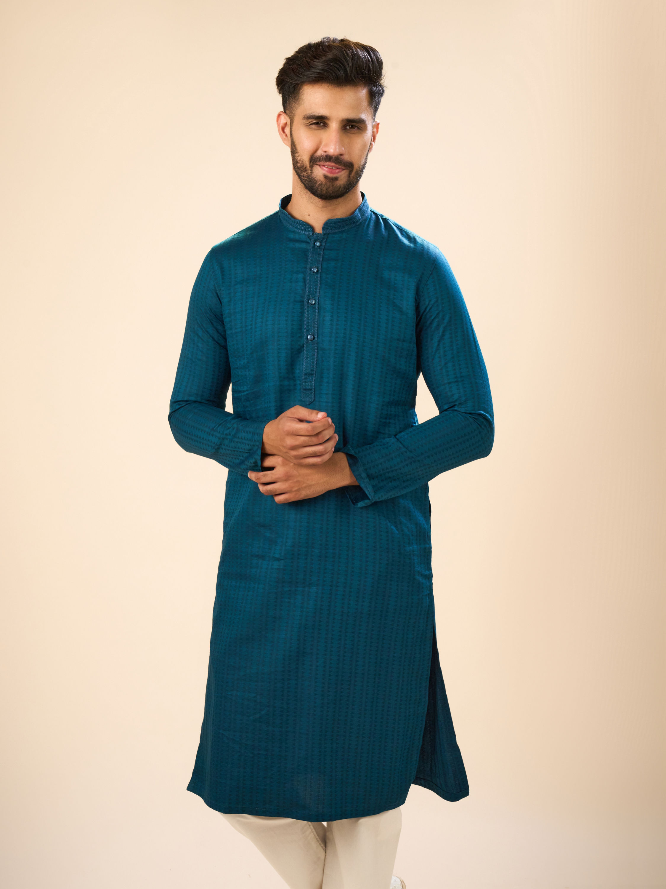Manyavar Men Teal Blue Cotton Kurta Pajama