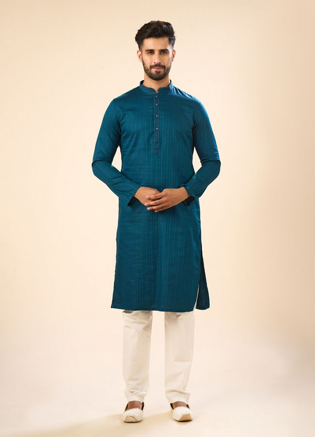 Manyavar Men Teal Blue Cotton Kurta Pajama