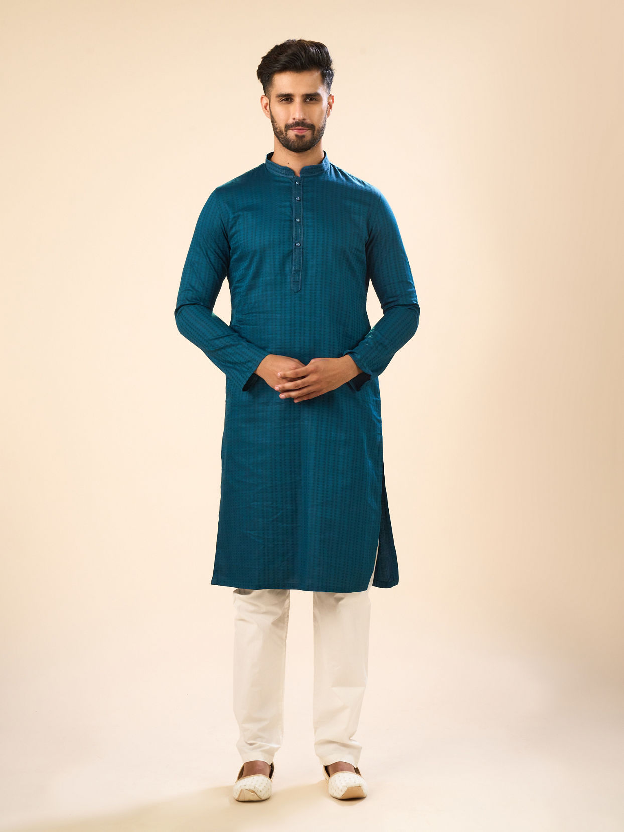 Manyavar Men Teal Blue Cotton Kurta Pajama
