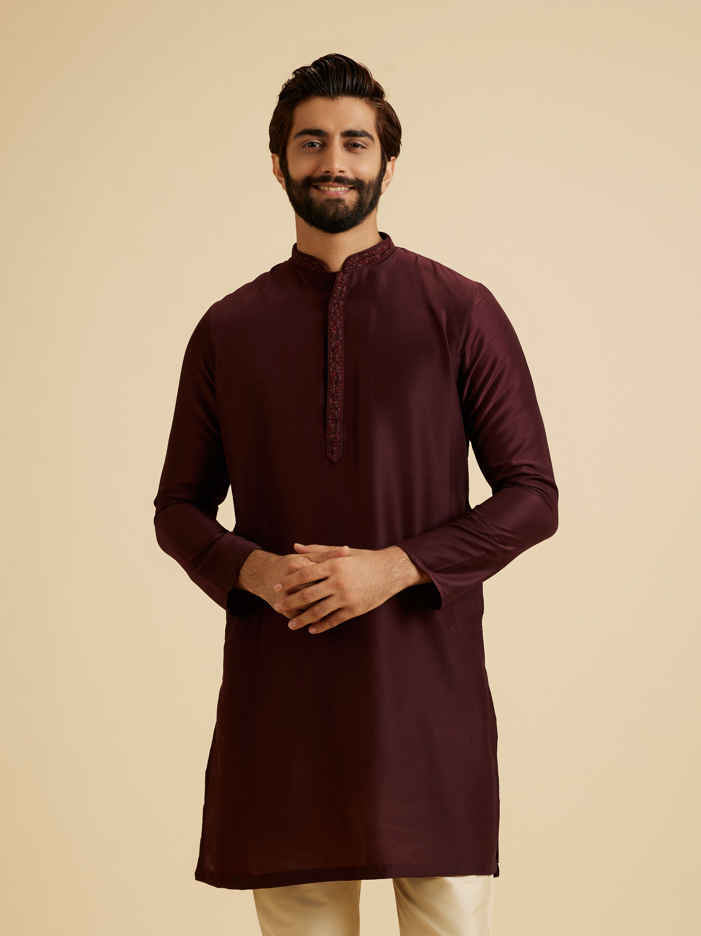 Manyavar Men Elegant Wine Kurta Pajama