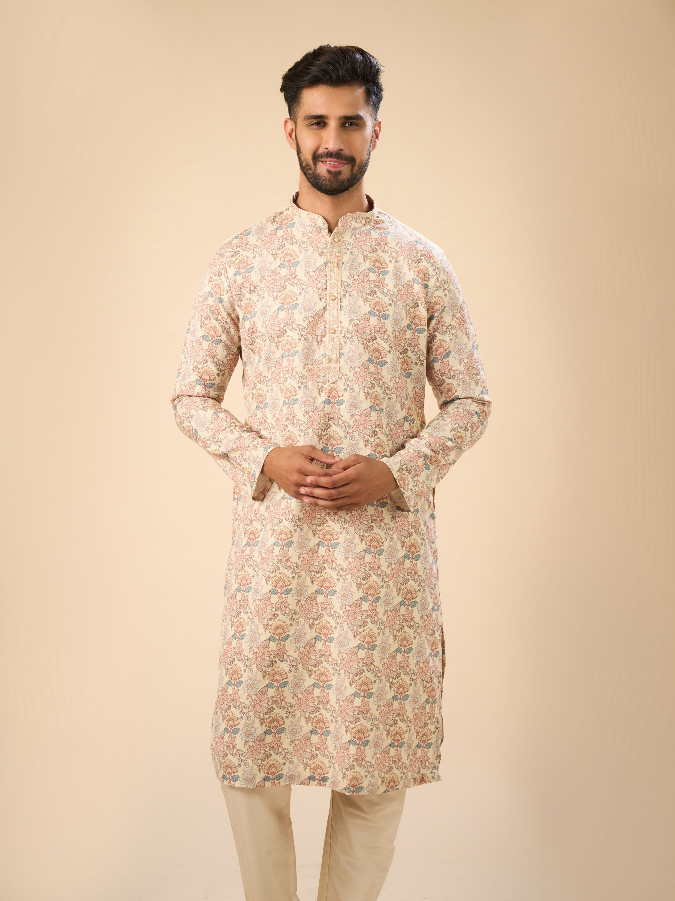 Manyavar Men Classic Beige Elegance Kurta Pajama