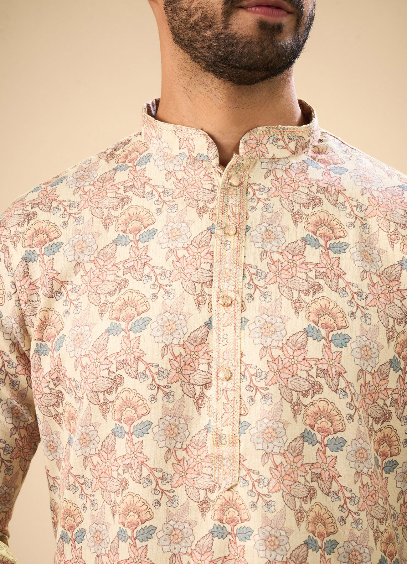 Manyavar Men Classic Beige Elegance Kurta Pajama