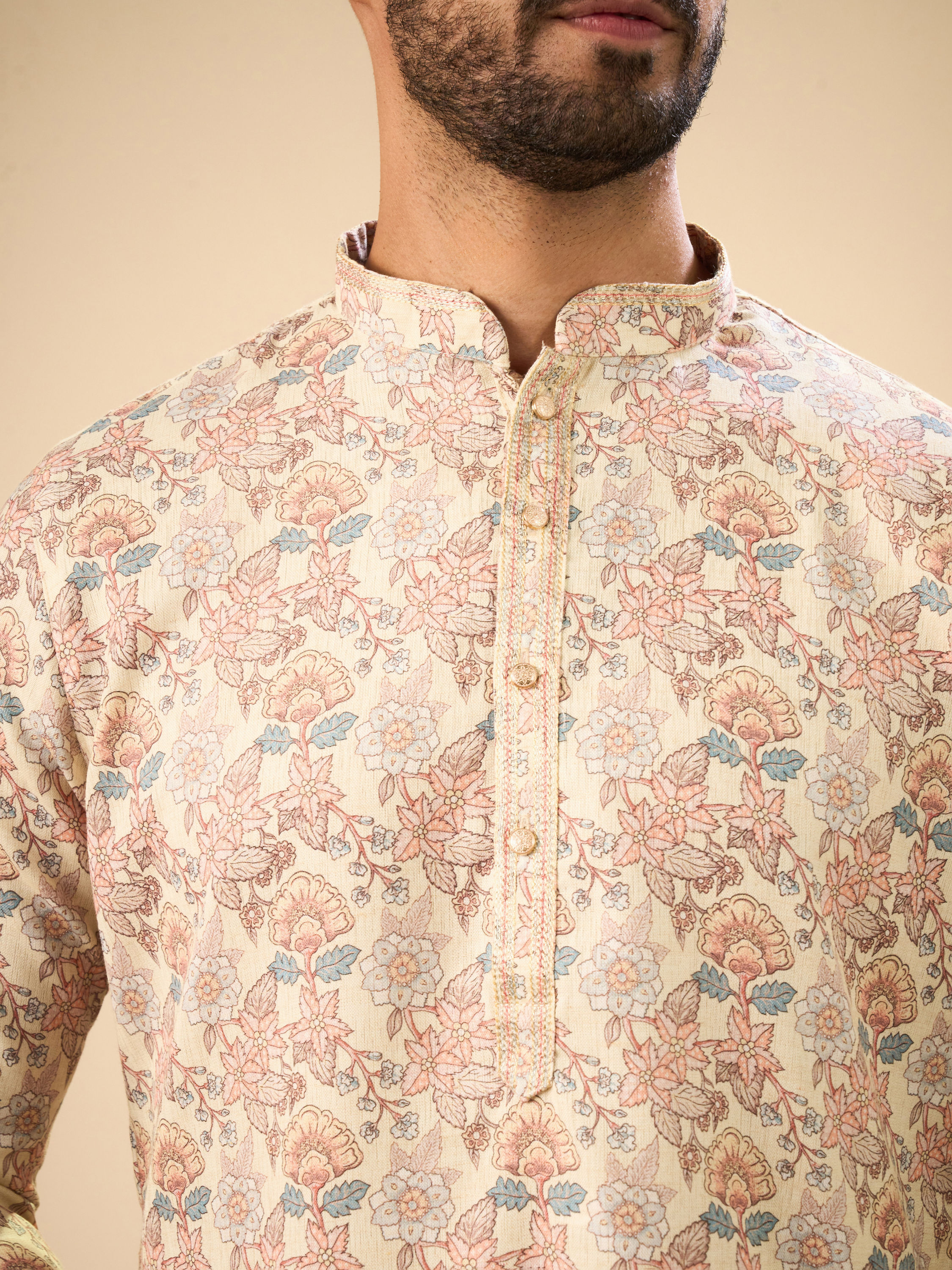 Manyavar Men Classic Beige Elegance Kurta Pajama