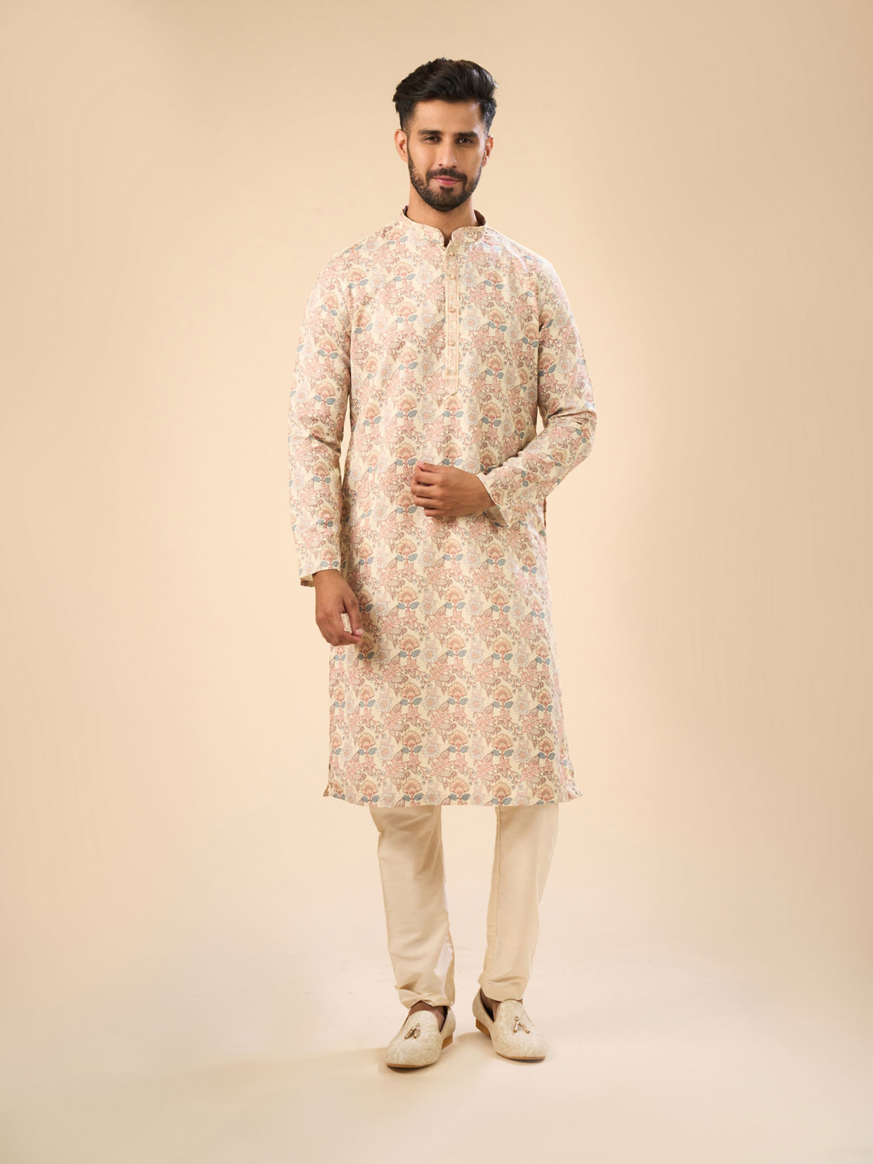 Manyavar Men Classic Beige Elegance Kurta Pajama