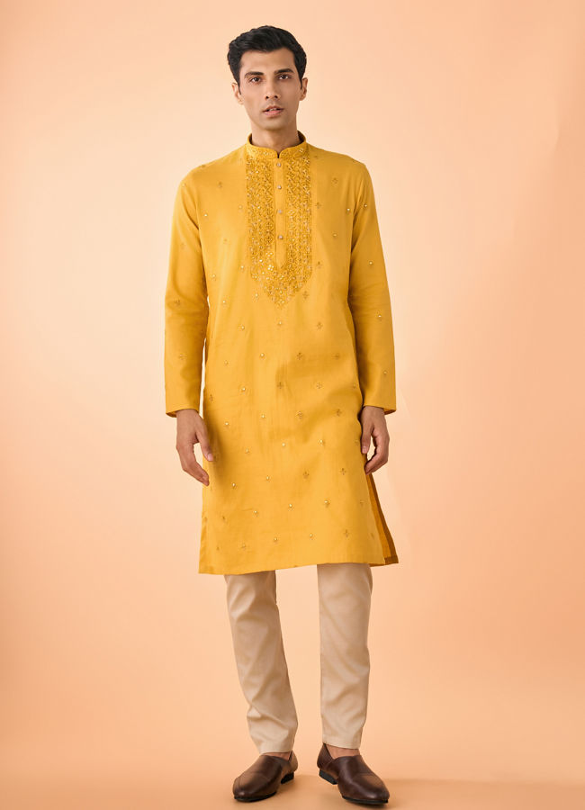 Manyavar Men Mustard Elegance Kurta Pajama