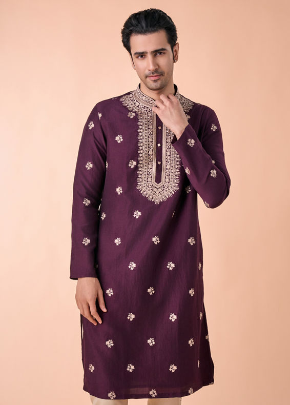Manyavar Men Wine Divine Elegance Kurta Pajama